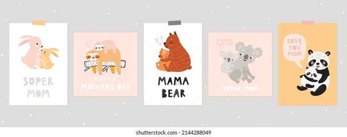 Mother's Day hand drawn style cards. posters with cute animal characters - mother and baby - panda, bear, koala, sloth, penguin and rabbit.  Vector illustration. svg
