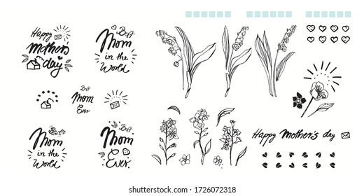 Mothers day hand lettering calligraphy flower set, greeting card, black text, word, doodle, icon. Linocut, tatoo style. Handwritten modern brush lettering white background isolated vector