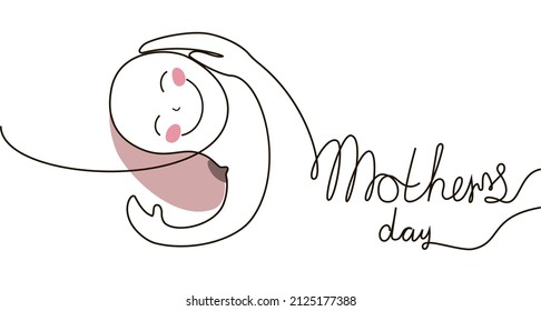 Mother's day handwritten lettering. The baby lies on the mother's chest and smiles, drawn by continuous line drawing. Vector illustration isolated on white background