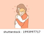 Mothers day and happiness of maternity concept. Happy smiling mother and daughter cartoon characters hugging each other with love and care vector illustration 