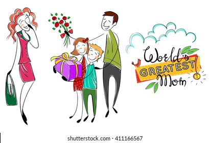 Mothers day. Happy family with kids. Greeting mom with present. Children and father love mother, give present. Father with flowers. Hand drawn cartoon vector illustration