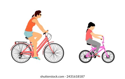Mothers day, happy family people vector illustration isolated on white background. Mom and daughter riding bicycle. Mother with child driving bike. Little girl outdoor love park and nature.