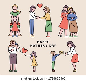 Mother's Day, happy moments of mom and child. flat design style minimal vector illustration.