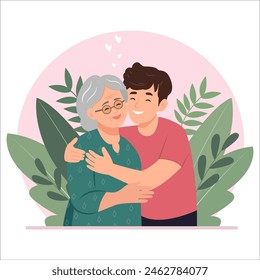 Mother's Day. Happy young man hugging her old mother with love. Mother and grown up son. Portrait of young man  hugging her grandma. Friendly family relationship. Vector flat illustration