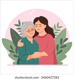 Mother's Day. Happy young woman hugging her old mother with love. Mother and daughter. Portrait of young woman  hugging her grandma. Friendly family relationship. Vector flat illustration