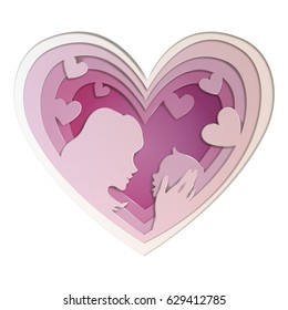 Mothers day heart greeting card. Mother and baby love paper art composition. Illustration for mother's day celebrations.