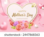 Mother's day heart shape card with roses on light pink background with ribbon and floating hearts.