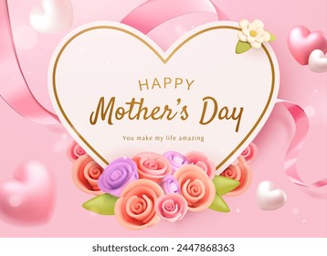 Mother's day heart shape card with roses on light pink background with ribbon and floating hearts.