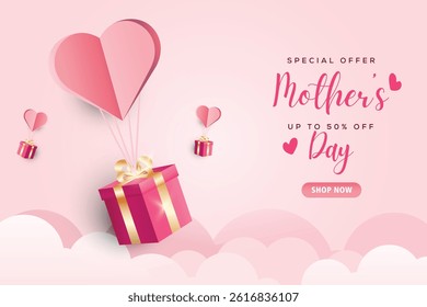 Mother's day with hearts. minimal pink background. Flying gift box concept. Paper heart flying. vector design.
