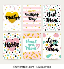 Mothers Day Hipster Trendy Posters. Vector Illustration of 80s Style Pattern Design with Handwritten Lettering.