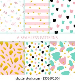 Mothers Day Hipster Trendy Seamless Patterns. Vector Illustration of Funky Tileable Background Set.