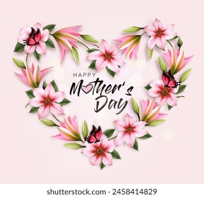 Mother's day holiday background with colorful flowers shaped heart and butterflies. Vector.