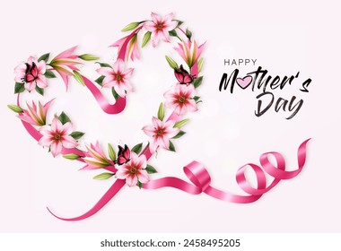 Mother's day holiday background with colorful flowers shaped heart and and a pink heart shape ribbon. Vector.