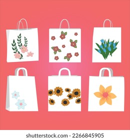 Mother's Day holiday bags with flower print. paper bags for shopping, gifts and grocery bags in the style of all women's day. Kraft paper, cardboard bags with handles. Shopping conceptual