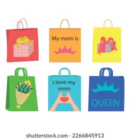 Mother's Day holiday bags with a print of flowers, crowns, gifts, hearts. paper bags for shopping, gifts and grocery bags in the style of all women's day. Kraft paper, cardboard bags with handles