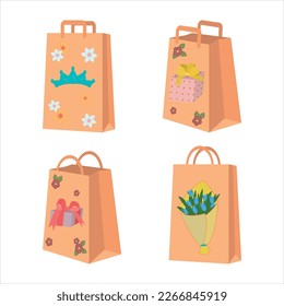 Mother's Day holiday bags with a print of flowers, crowns, gifts. paper bags for shopping, gifts and grocery bags in the style of all women's day. Kraft paper, cardboard bags with handles. Shopping
