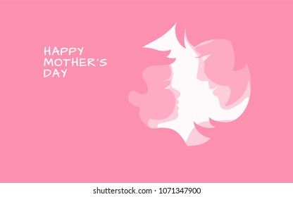 Mother's day holiday banner design. Mother with her baby stylized silhouettes on pink backgrounds for mothers day greeting card, banner, poster. Vector illustration, layers are isolated, cartoon style