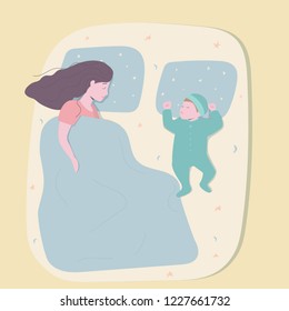 Mothers Day Holiday card.  Happy mother sleep with her baby son on bed.  Vector illustration with top view composition and  pastelle colors.