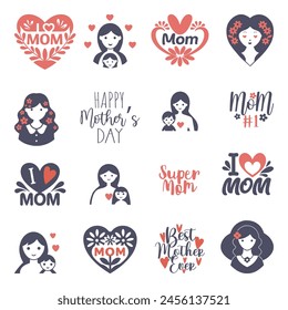 Mother's day holiday clip art. Set of lettering quotes and illustrations. Mom with child and woman' s silhouette isolated on white. Sticker set in flat design. Vector.