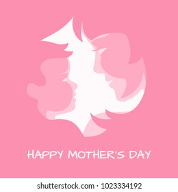 Mother's day holiday design. Mother with her baby stylized silhouettes on pink backgrounds for mothers day greeting card, banner, poster. Vector illustration, all layers are isolated