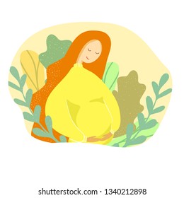 Mother's Day holiday. Happy motherhood concept. Pregnant woman with leaves. Vector illustration.