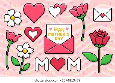 Mother's Day holiday. Hearts and flowers on a pink background. Pixel style vector illustration