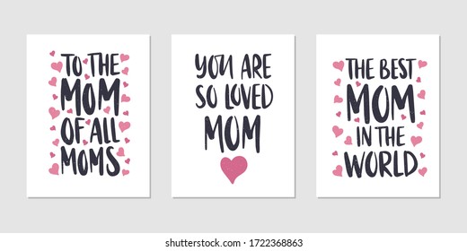 Mother's Day holiday illustration set. Vector greeting card. Hand drawn lettering design on white background. Concept for poster, banner.