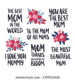 Mother's Day holiday set. I love you mom greeting card. Hand drawn lettering design. Vector illustration on white background. Best mom, Thanks mom inscription with flower.