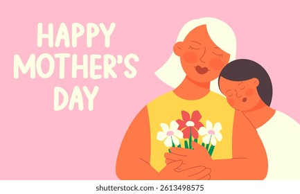 Mother's Day. Horizontal banner in flat style with mother and daughter