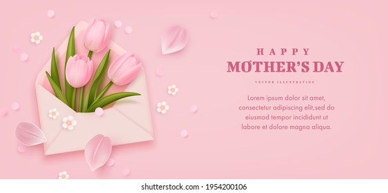 Mother's day horizontal banner with realistic envelope, tulip flowers and petals on pink background. Vector illustration