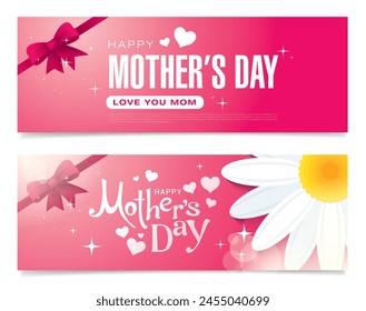 Mother's day horizontal banners set with chamomile and gift box vector illustration