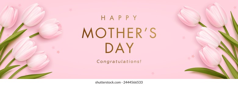 Mothers day horizontal billboard or web banner with realistic 3d pink tulips and golden text on pink background. Floral festive elegant wallpaper. Vector illustration