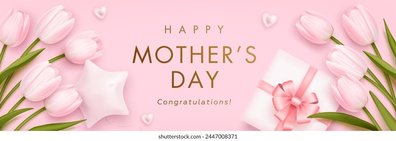 Mothers day horizontal billboard or web banner with realistic 3d pink tulips, gift box and golden text on pink background. Floral festive elegant wallpaper. Vector illustration