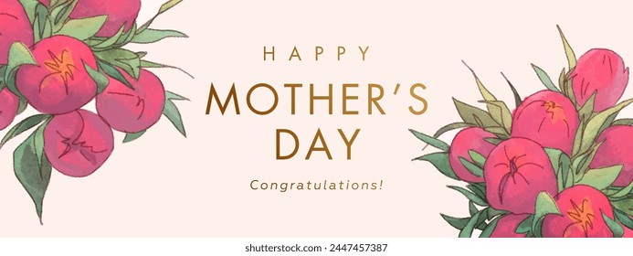 Mothers day horizontal billboard or web banner with red tulips and golden text on pink background. Floral festive elegant wallpaper. Vector illustration