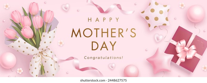 Mothers day horizontal billboard or web banner with realistic 3d pink tulips, gift box and golden text on pink background. Floral festive elegant wallpaper. Vector illustration