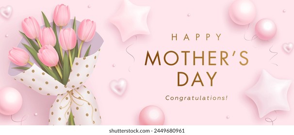 Müttertag Horizontale Reklametafel oder Web Banner mit realistischen 3D rosa Tulpen und goldenem Text auf rosa Hintergrund. Blumenfestlicher, eleganter Bildschirmhintergrund. Vektorillustration