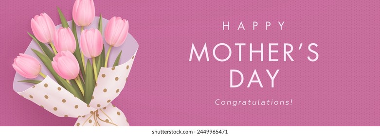 Mothers day horizontal billboard or web banner with realistic 3d pink tulips background. Floral festive elegant wallpaper. Vector illustration