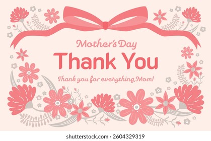 Mother's Day horizontal card or banner template with cute ribbon: background frame with hand drawn carnation illustration	