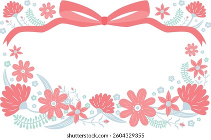 Mother's Day horizontal card or banner template with cute ribbon and flowers: background frame with hand-drawn carnation illustration