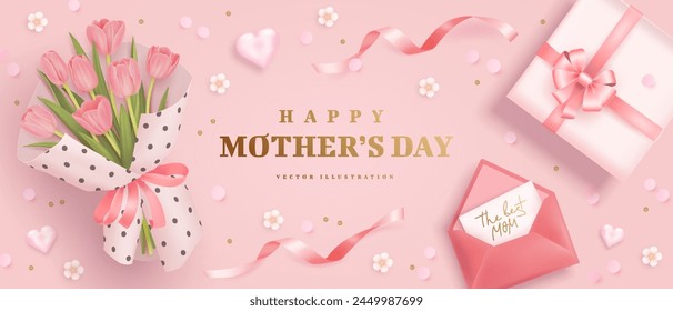 Mothers day horizontal greeting card or web banner with realistic 3d pink tulips, gift box and golden text on pink background. Floral festive elegant wallpaper. Vector illustration