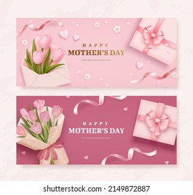 Mother's day horizontal poster or banner set with envelope, tulips and gift box on pink background