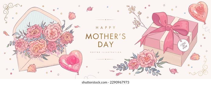 Mother's day horizontal poster  banner greeting card and hand drawn gift box  envelope  flowers   helium balloons light background