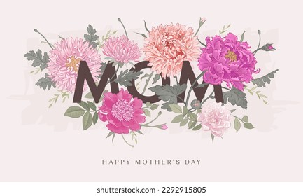 Mother's day horizontal poster, banner or greeting card with hand drawn flowers on light background