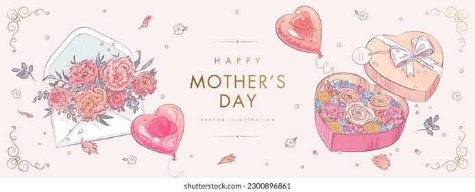 Mother's day horizontal poster, banner or greeting card with hand drawn envelope, gift box, flowers and helium balloons on light background