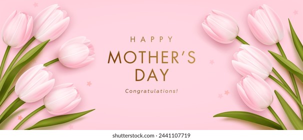 Mothers day horizontal poster or web banner with realistic 3d pink tulips and golden text on pink background. Floral festive elegant wallpaper. Vector illustration