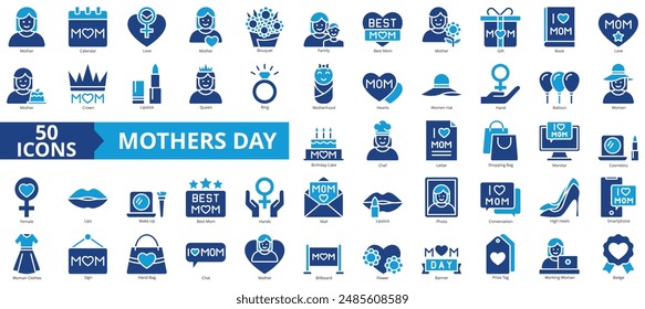 Mothers day icon collection set. Containing calendar, bouquet, family, best mom, gift, love, crown icon. Simple line vector.