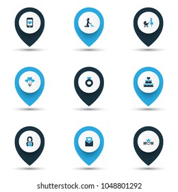 Mothers day icon colored design concept. Set of 9 such elements as stroller, decoration and mum. Beautiful symbols for mother, heart and baby.