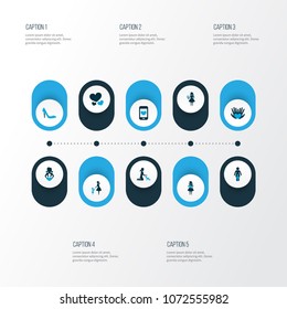Mothers day icon colored design concept. Set of 10 such elements as heart, lady and stiletto. Beautiful symbols for mother, heart and woman.