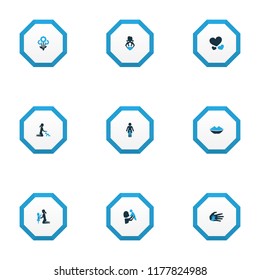 Mothers day icon colored design concept. Set of 9 such elements as helping, flower and mouth. Beautiful symbols for mother, baby and care.