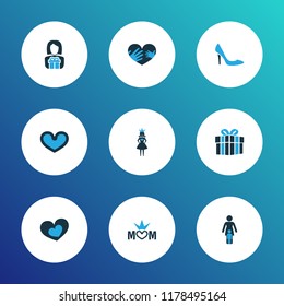 Mothers day icon colored design concept. Set of 9 such elements as relations, shape and soul. Beautiful symbols for heart, love and mother.